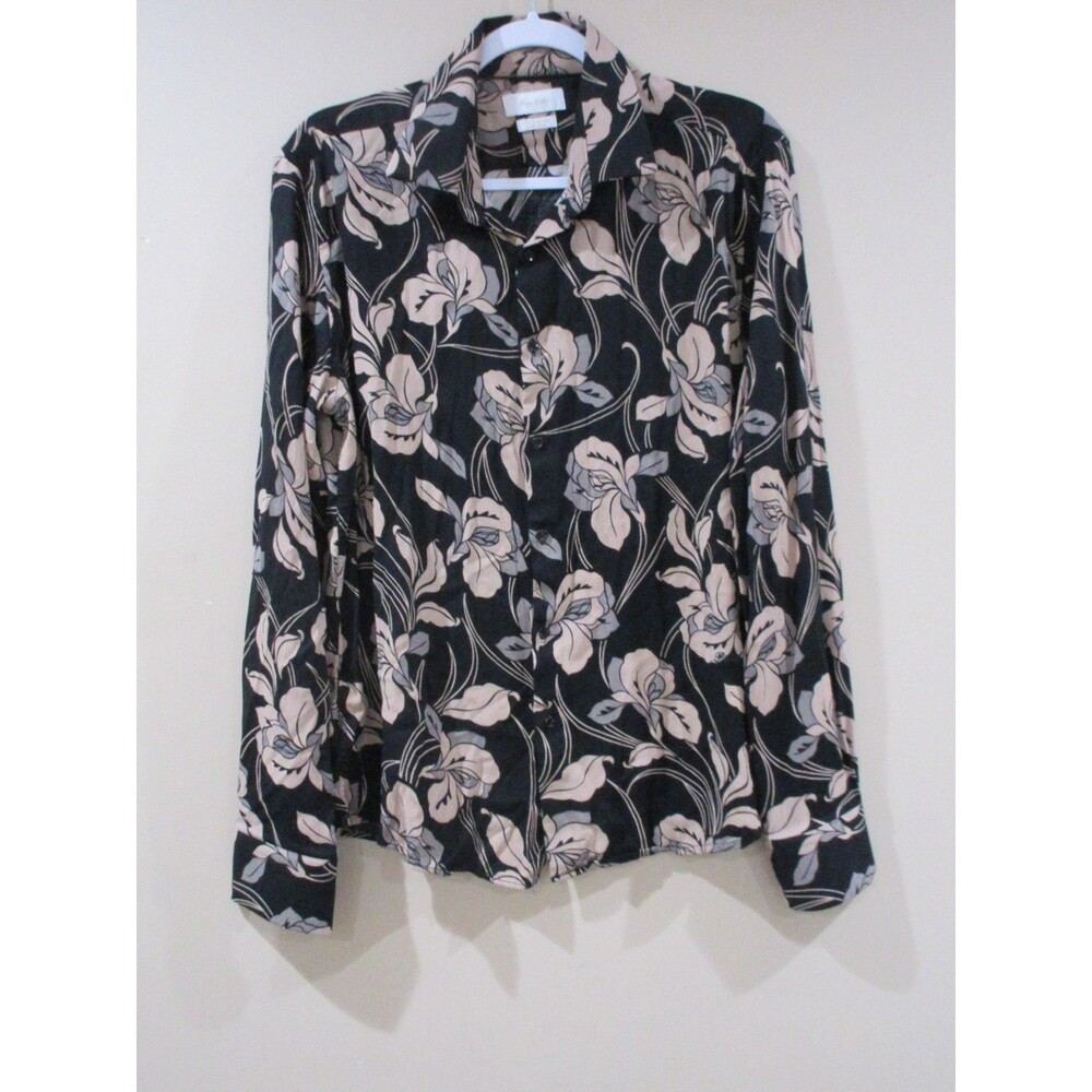 Porter & Ash Button Down Shirt Men Lg Black/Brown Lily Print  4 Way Stretch